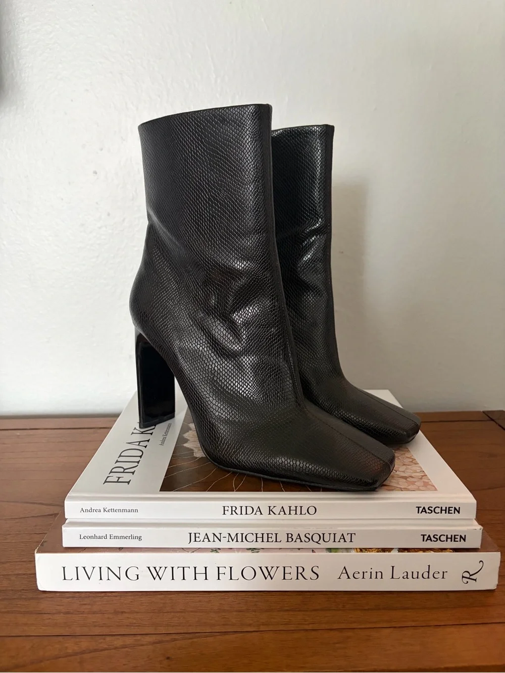 Zara Black Textured Square-Toe Mid-Calf Ankle Boots